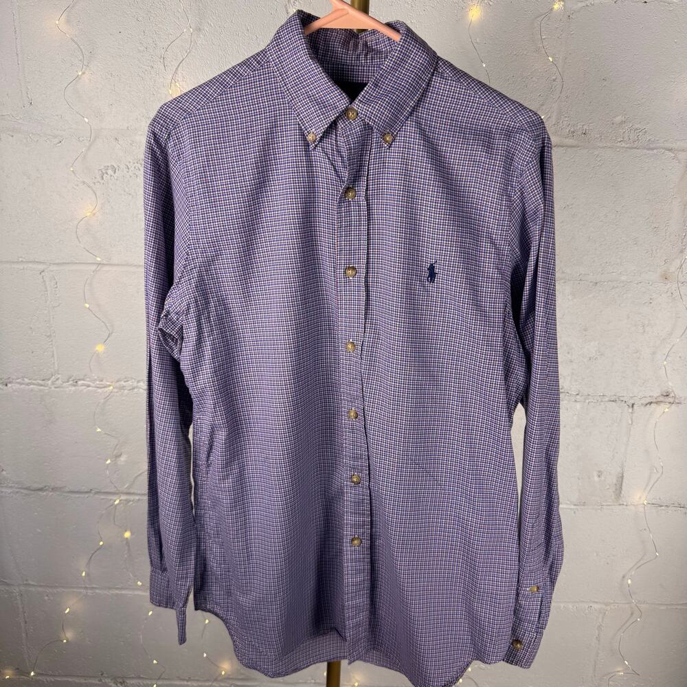 ralph lauren men’s S plaid check button down cotton pony shirt blue burgundy